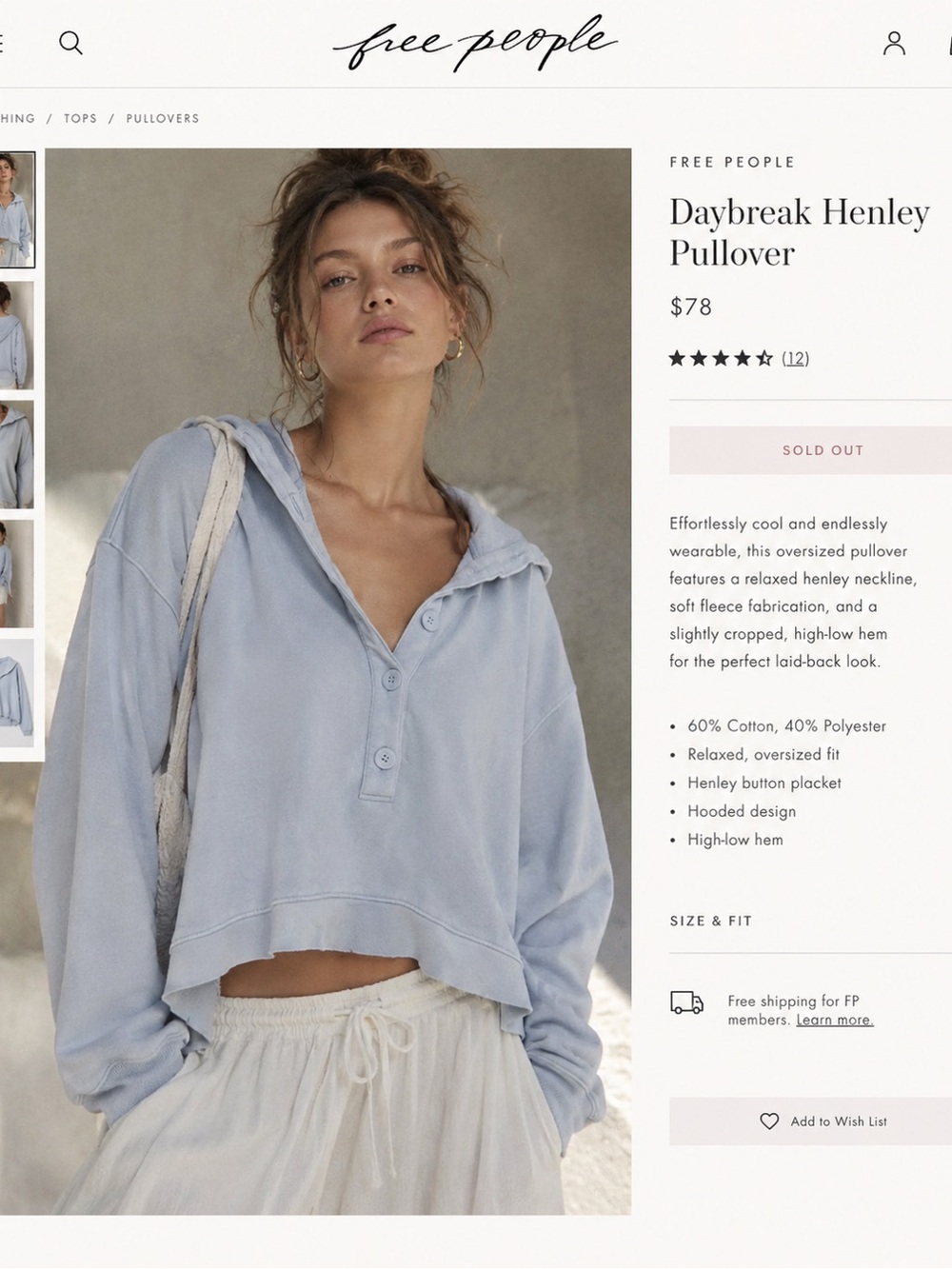 Free People Daybreak Henley Pullover - Pale Blue